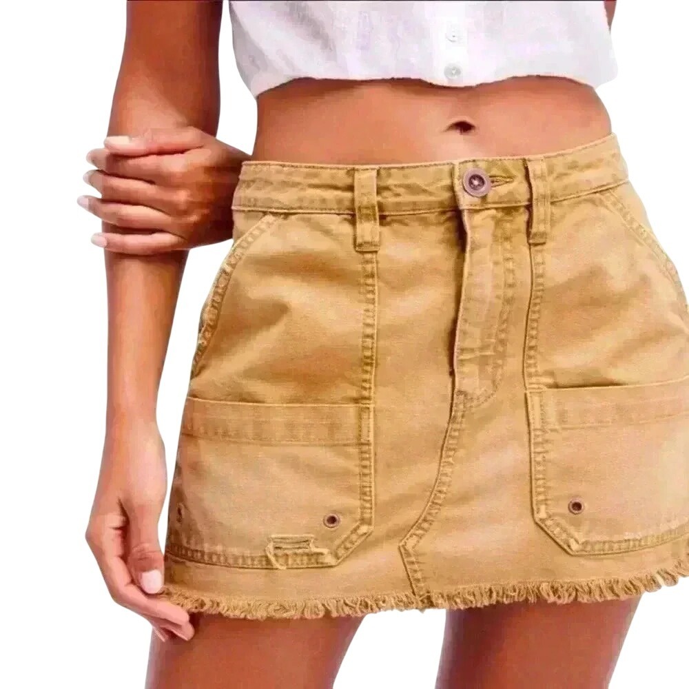 Free People Women's Taupe Canvas Raw Hem Pockets Relaxed Mini Skirt Size 27